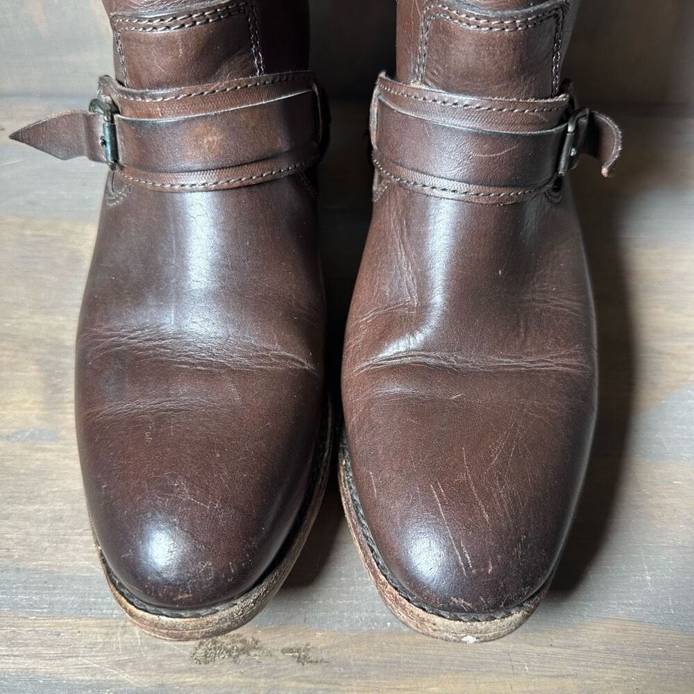 Frye Womens 5.5 Motorcycle Boots Brown Leather Straps Metal Harness Mid Calf - Picture 3 of 12
